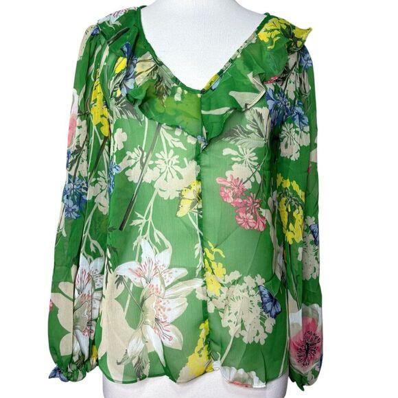 Gibson Latimer Green Floral Blouse Size Small NEW Sheer Ruffle Neckline - Picture 1 of 7